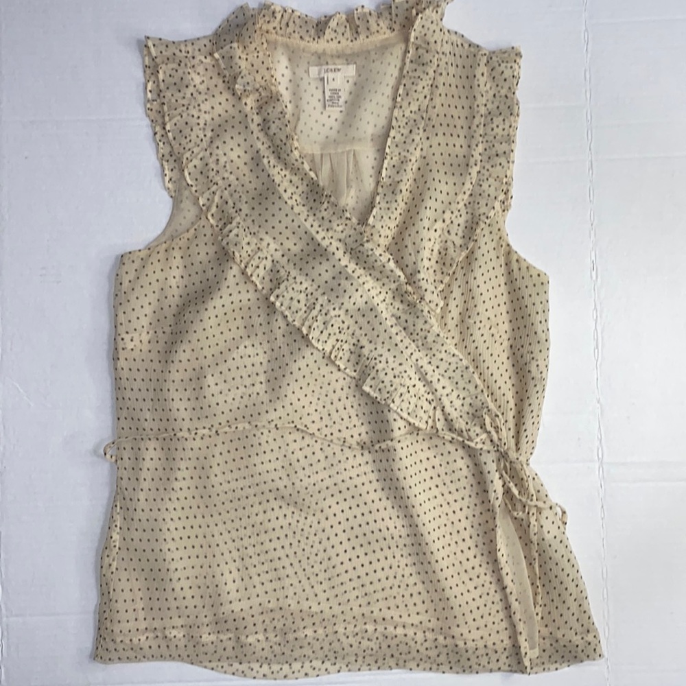 J. Crew 100% silk polka dot ruffle v-neck sleeveless wrap blouse size 4 cream